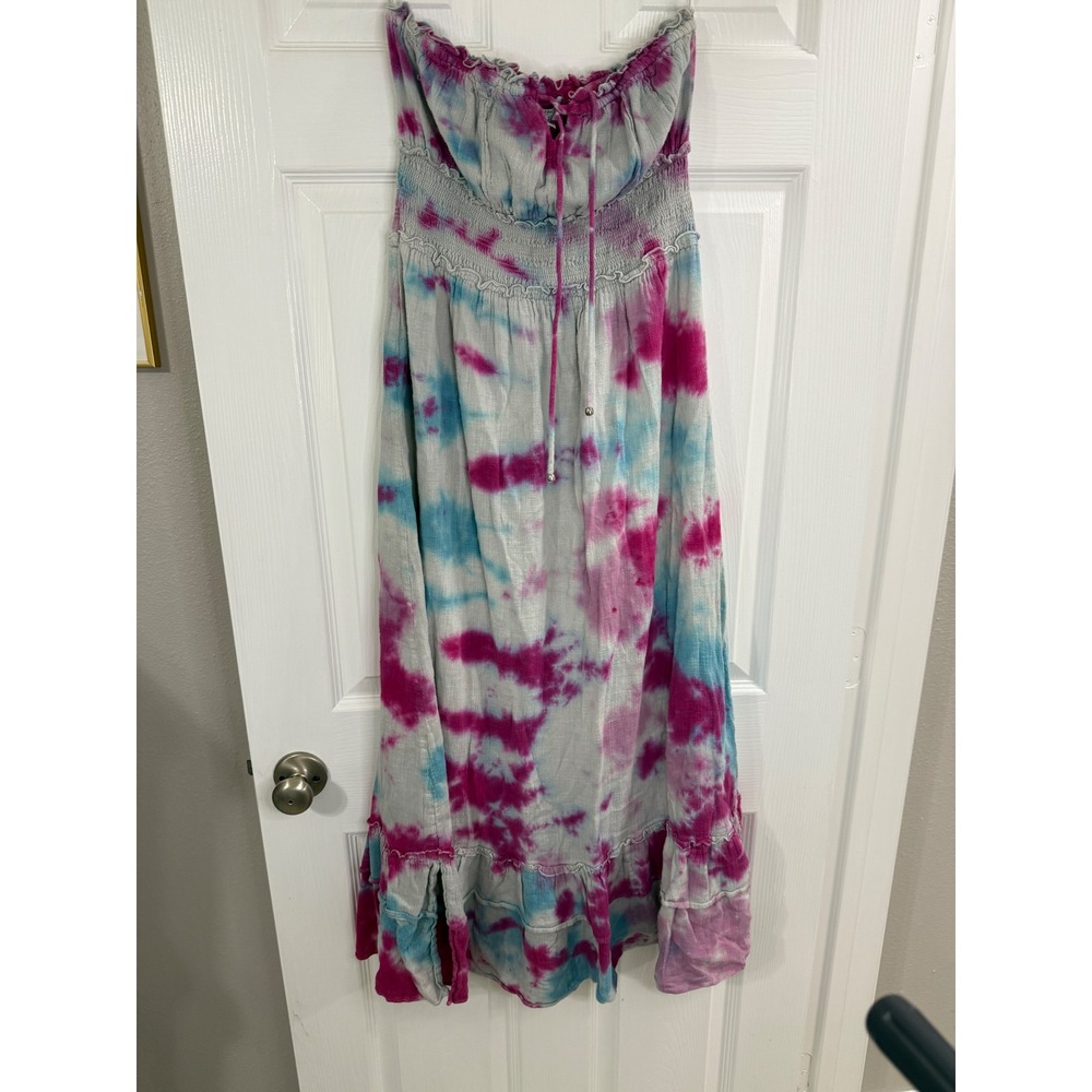 Steele Hum+Bee Sayulita Sunset Strapless Midi Dress Pink Blue Tie Dye Boho - Picture 3 of 9